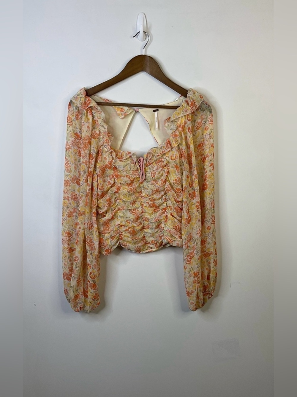 Free People Floral Ruched Long-Sleeve Crop Top Size Medium
